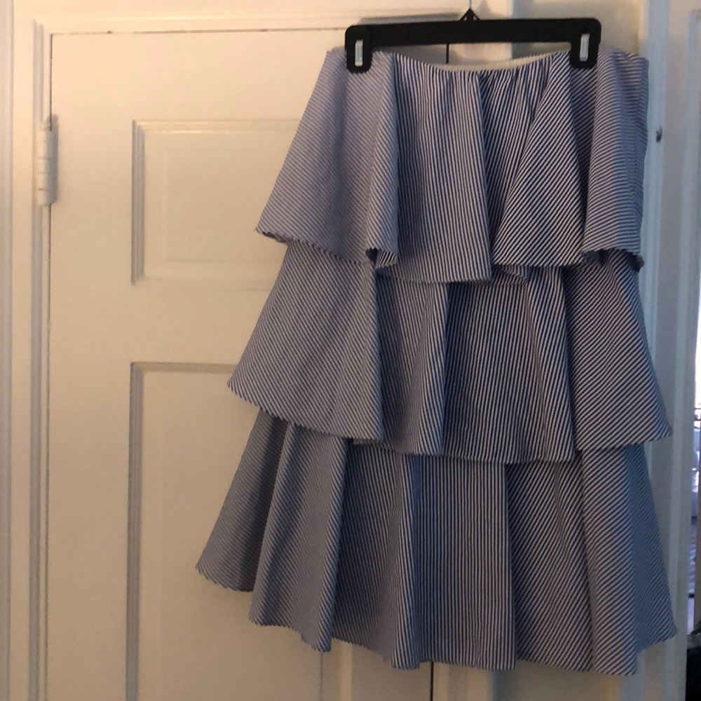 Blue and white striped, strapless dress